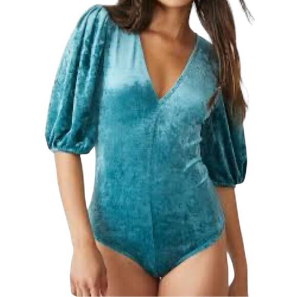 Free People Don't you Wish Deep Teal Velour Puff Sleeve‎ Bodysuit Small V-Neck - Picture 2 of 9
